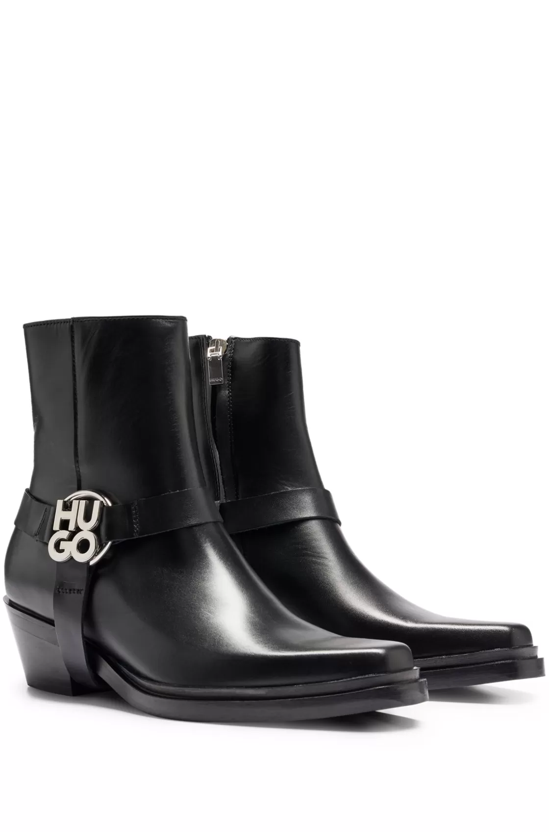 HUGO BOSS Ankle Boots In Leather With Metallic Stacked-logo Trim Black Cheap