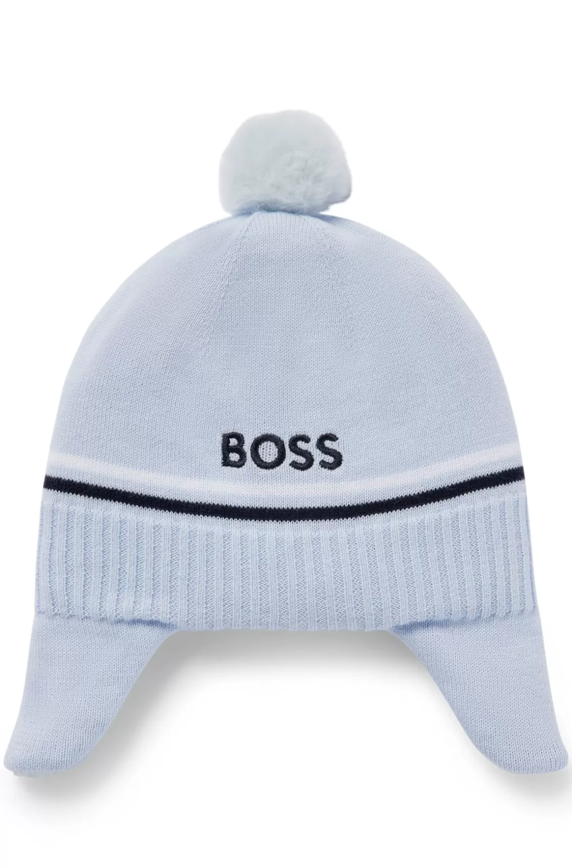 HUGO BOSS Baby Knitted-cotton Hat With Ear Flaps And Pompom Light Blue Best