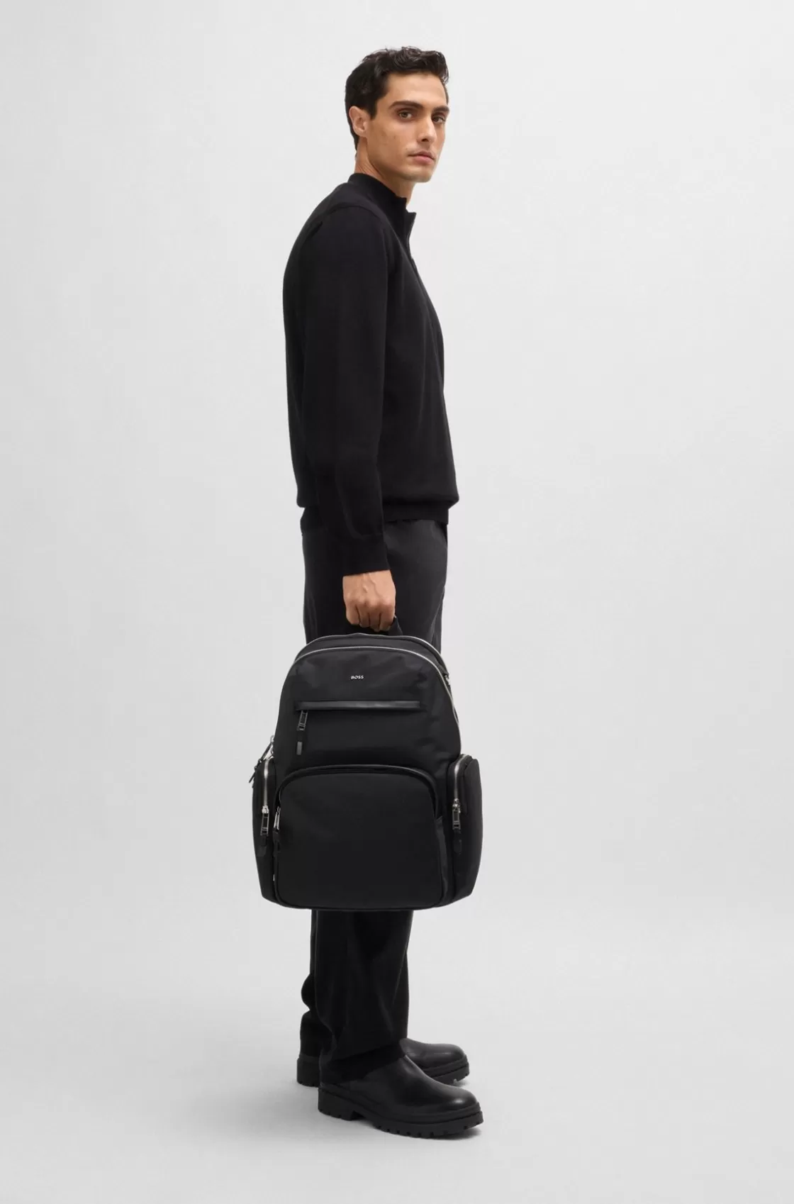 HUGO BOSS Backpack With Leather Trims And Two-way Zip Black Cheap