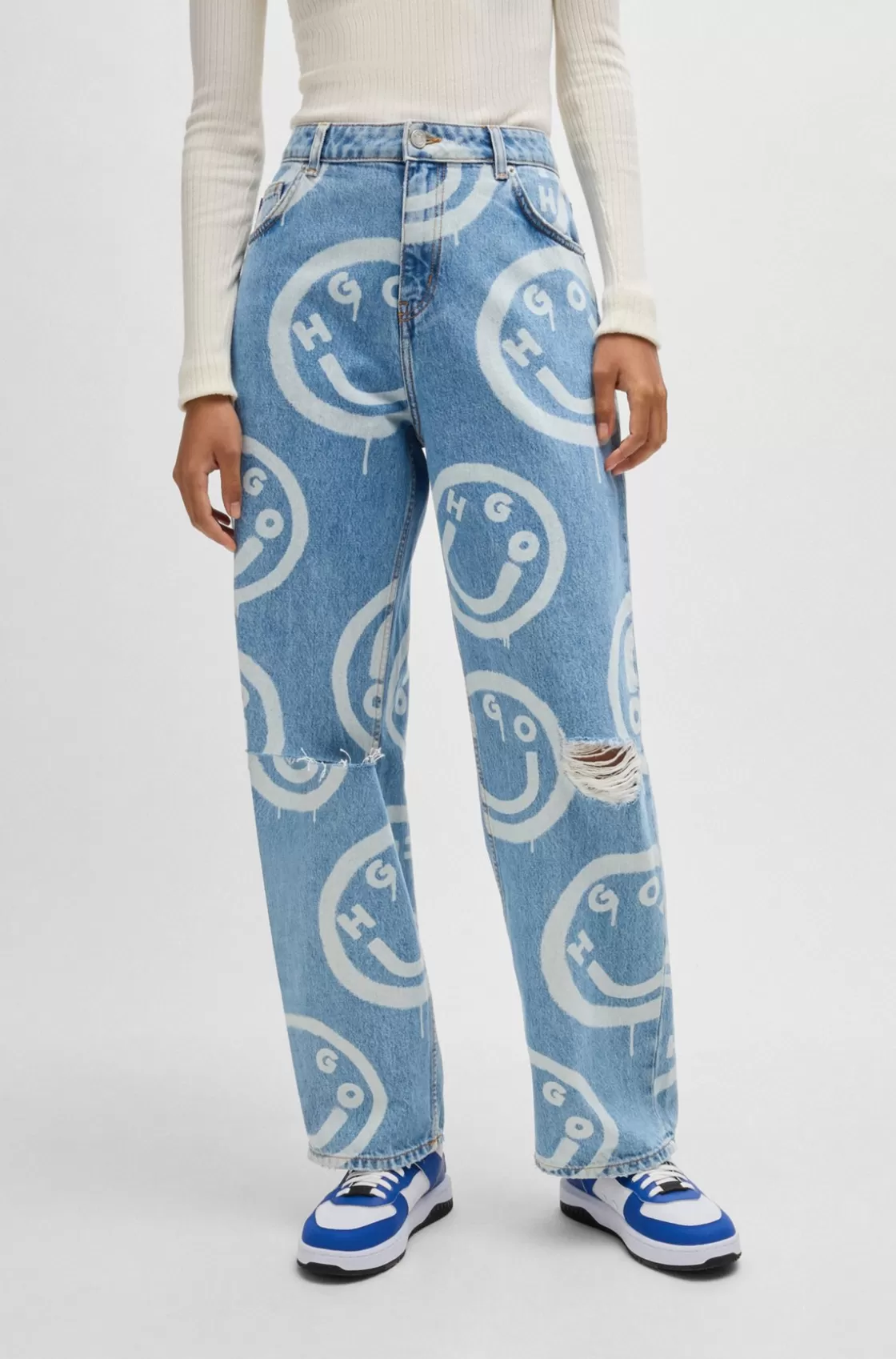 HUGO BOSS Baggy-fit Distressed Jeans With Happy HUGO Print Patterned Best Sale