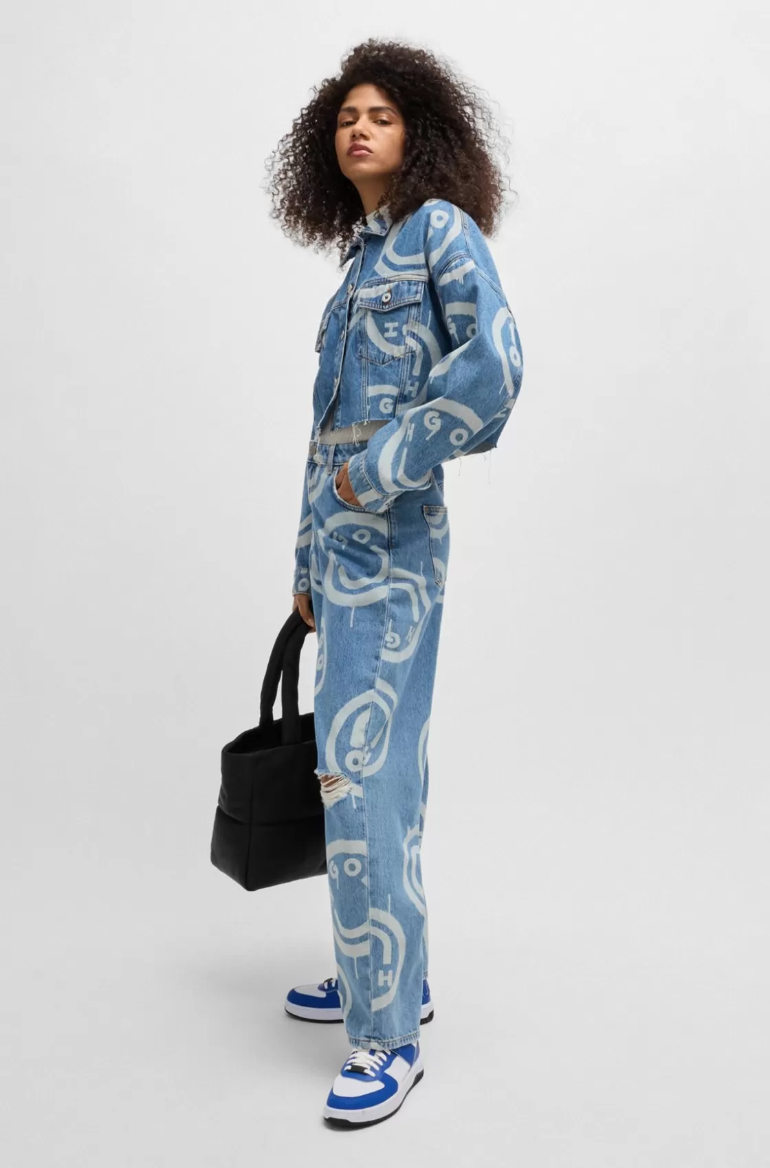 HUGO BOSS Baggy-fit Distressed Jeans With Happy HUGO Print Patterned Best Sale