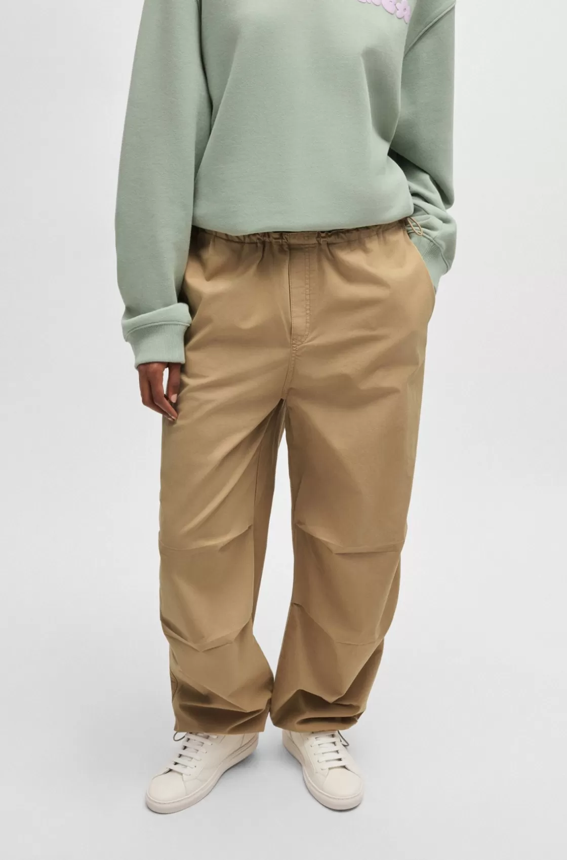 HUGO BOSS Baggy-fit Parachute Trousers In Cotton Canvas Light Beige Flash Sale