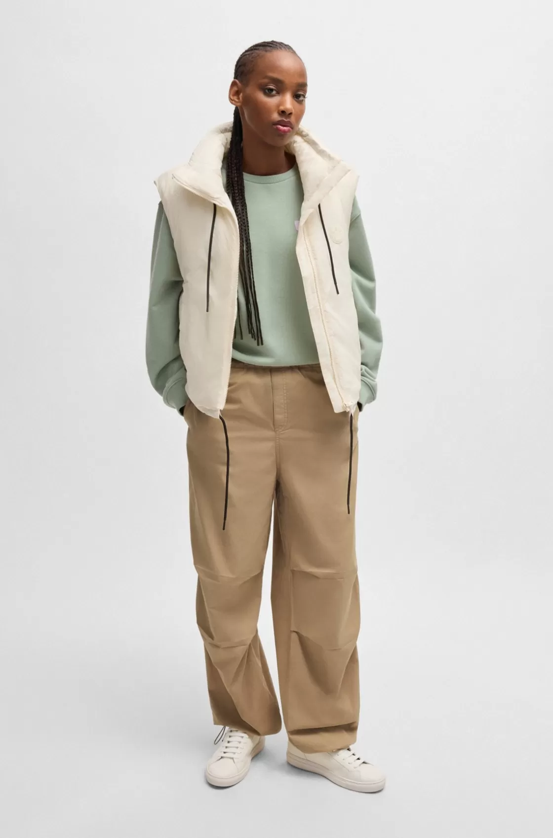 HUGO BOSS Baggy-fit Parachute Trousers In Cotton Canvas Light Beige Flash Sale