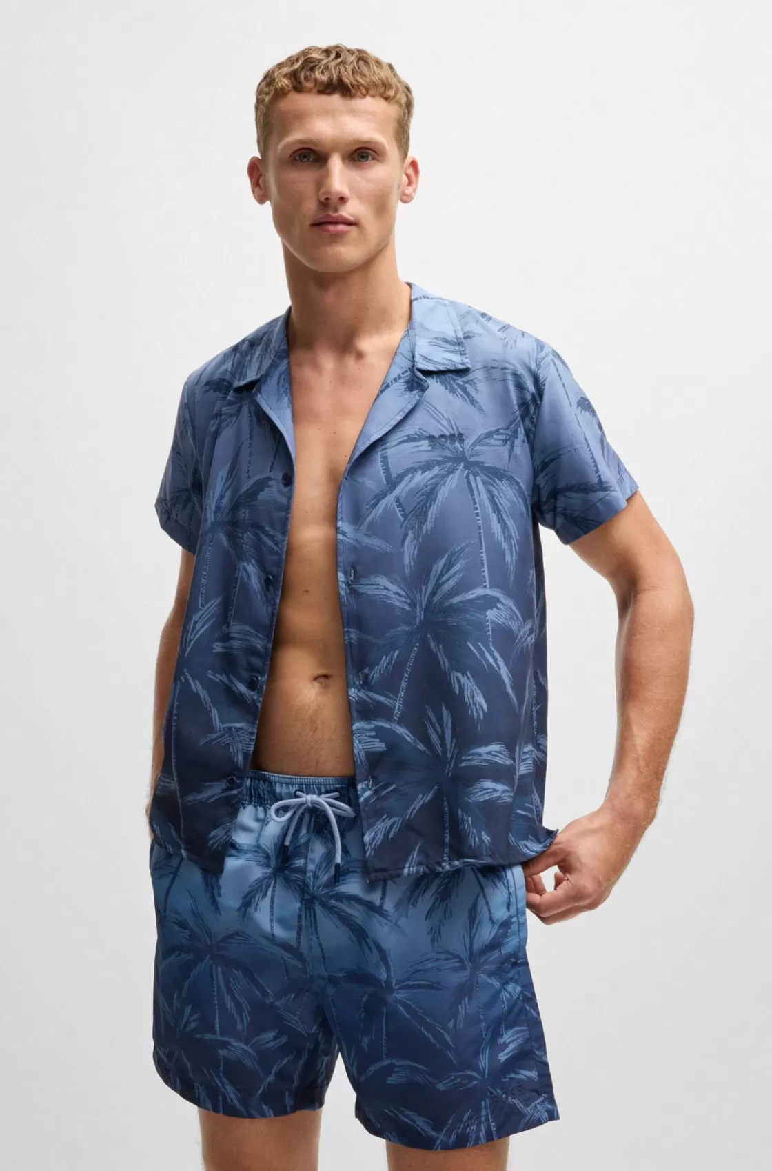 HUGO BOSS Beach Shirt In Quick-drying Fabric With Seasonal Print Dark Blue Fashion