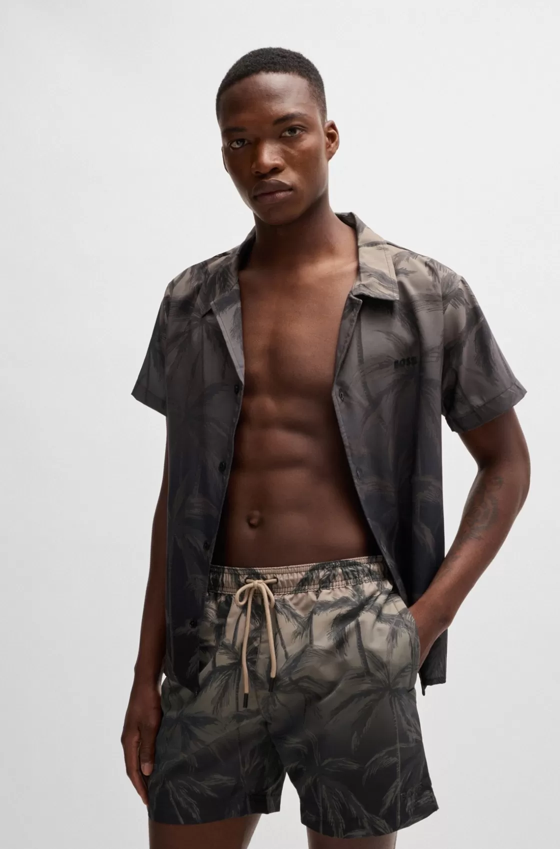 HUGO BOSS Beach Shirt In Quick-drying Fabric With Seasonal Print Khaki Clearance