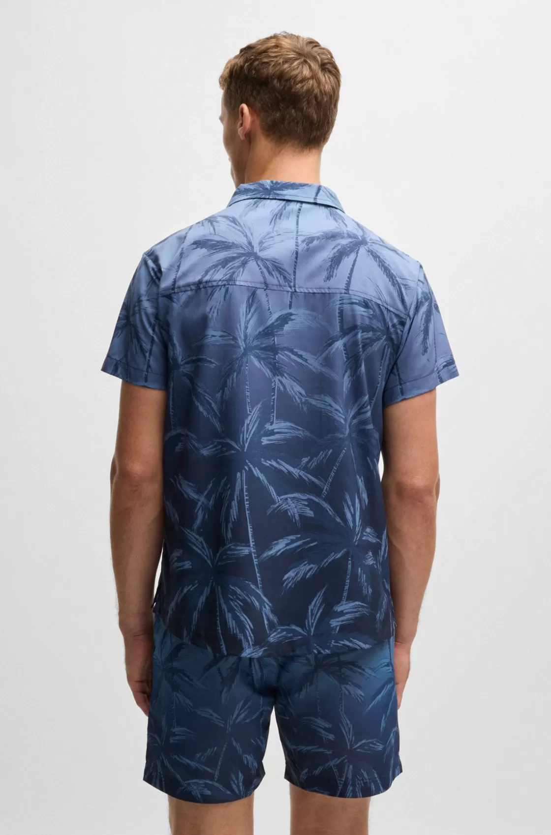HUGO BOSS Beach Shirt In Quick-drying Fabric With Seasonal Print Dark Blue Fashion
