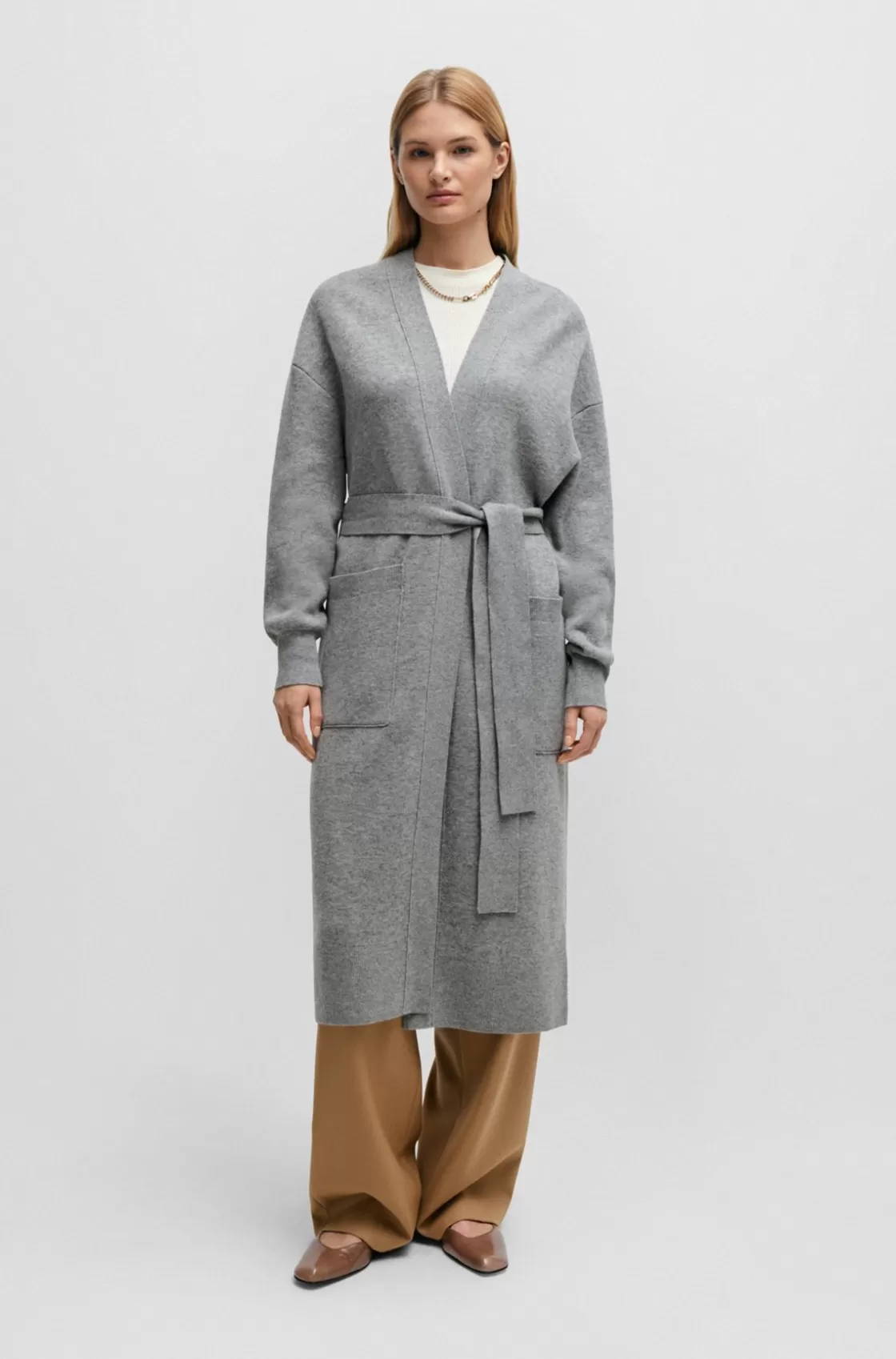 HUGO BOSS Belted Cardigan In Virgin Wool And Cashmere Silver Sale