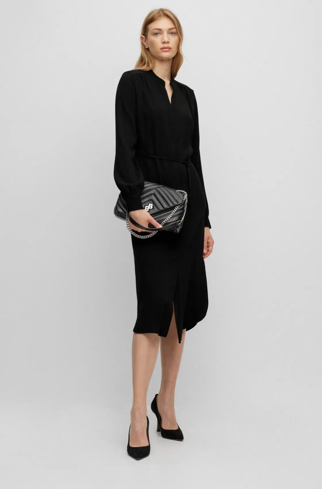 HUGO BOSS Belted Dress With Collarless V Neckline And Button Cuffs Black New