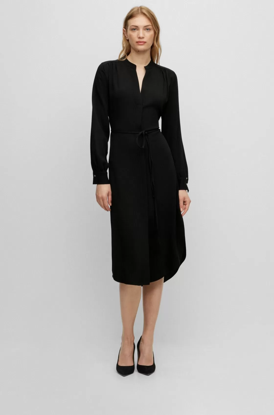 HUGO BOSS Belted Dress With Collarless V Neckline And Button Cuffs Black New