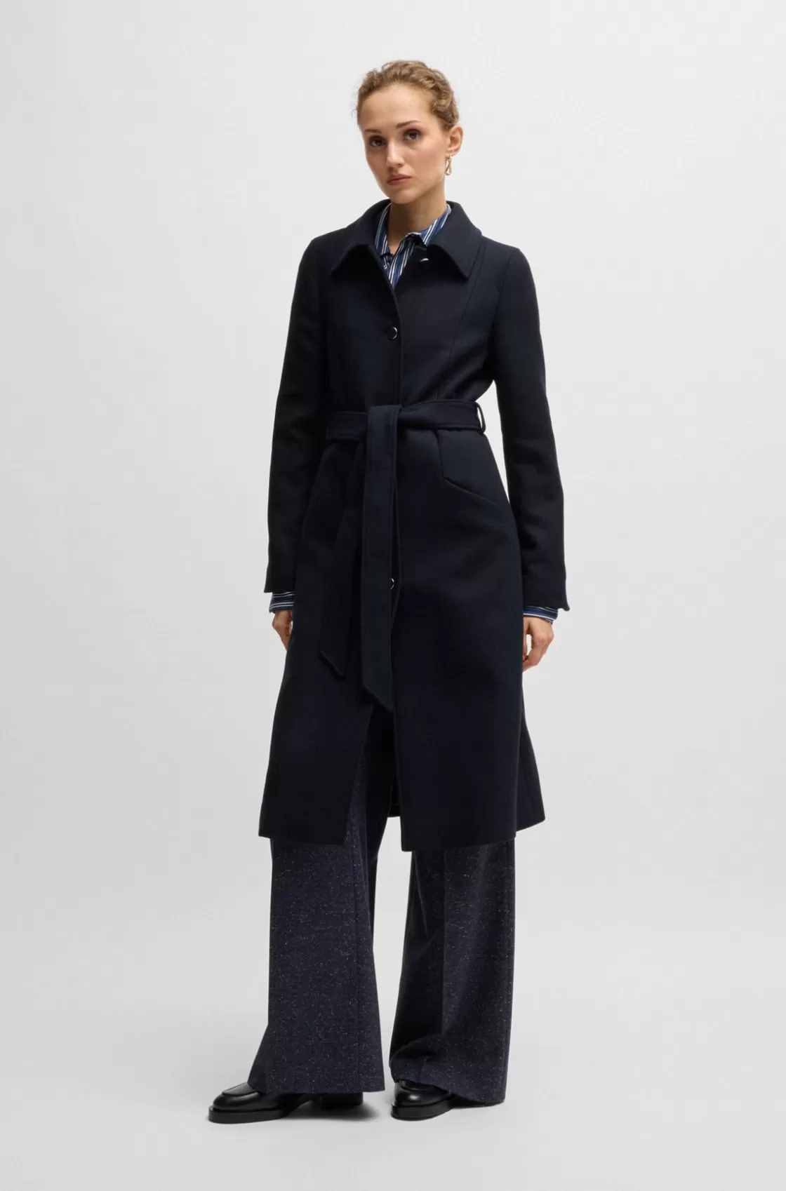 HUGO BOSS Belted Formal Coat In Twill With Metallic Buttons Dark Blue Hot