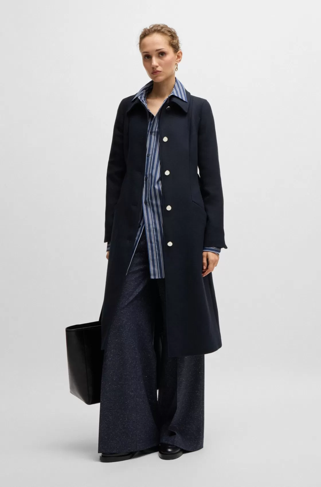 HUGO BOSS Belted Formal Coat In Twill With Metallic Buttons Dark Blue Hot