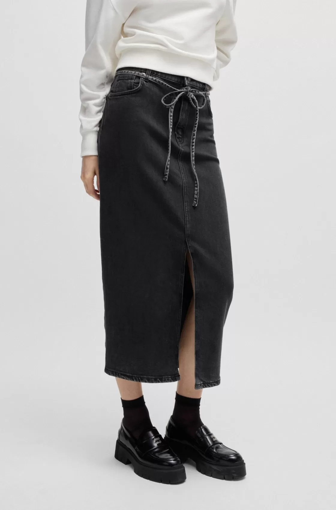 HUGO BOSS Belted Maxi Skirt In Salt-and-pepper Stretch Denim Dark Grey Shop