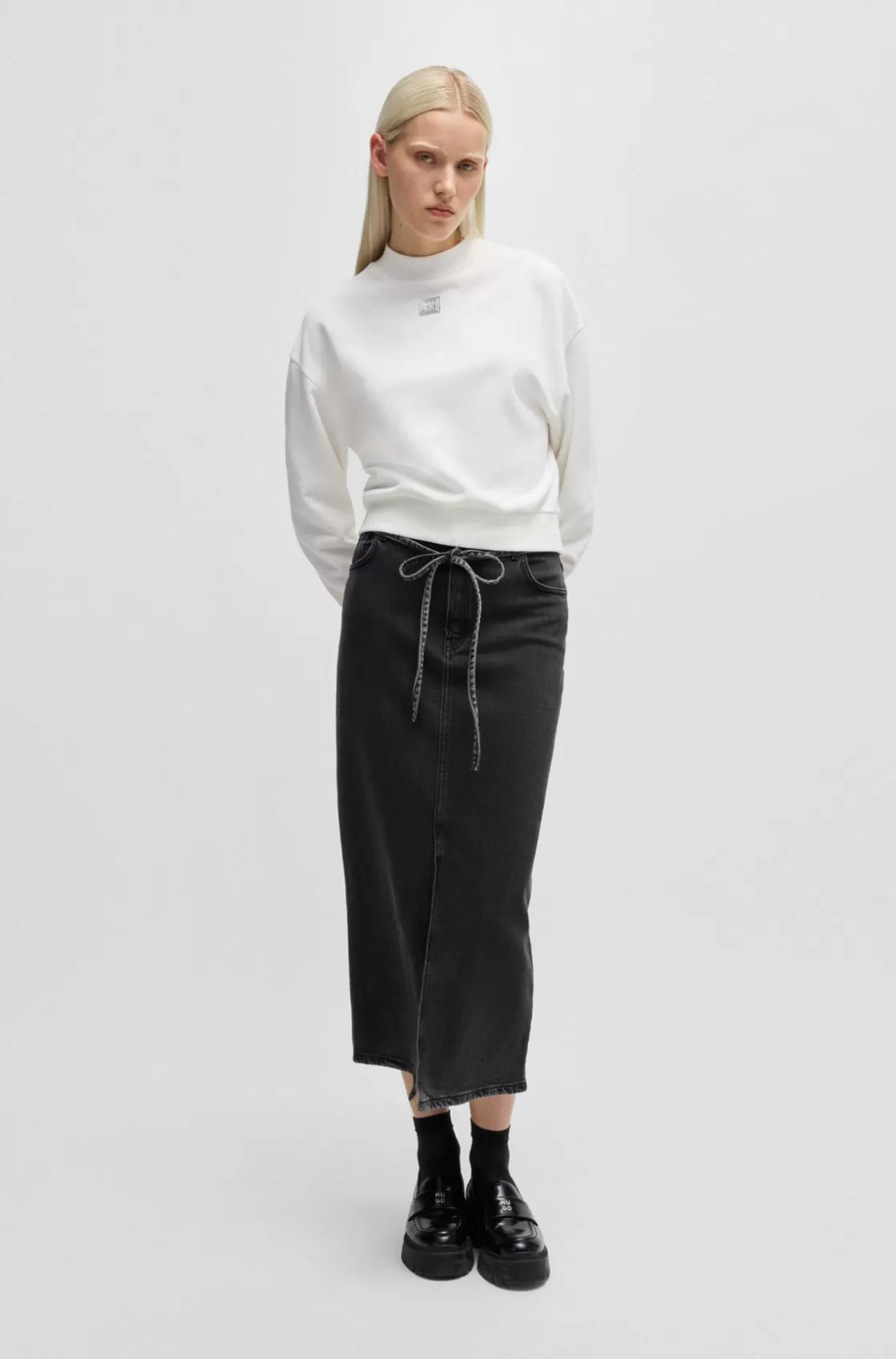 HUGO BOSS Belted Maxi Skirt In Salt-and-pepper Stretch Denim Dark Grey Shop