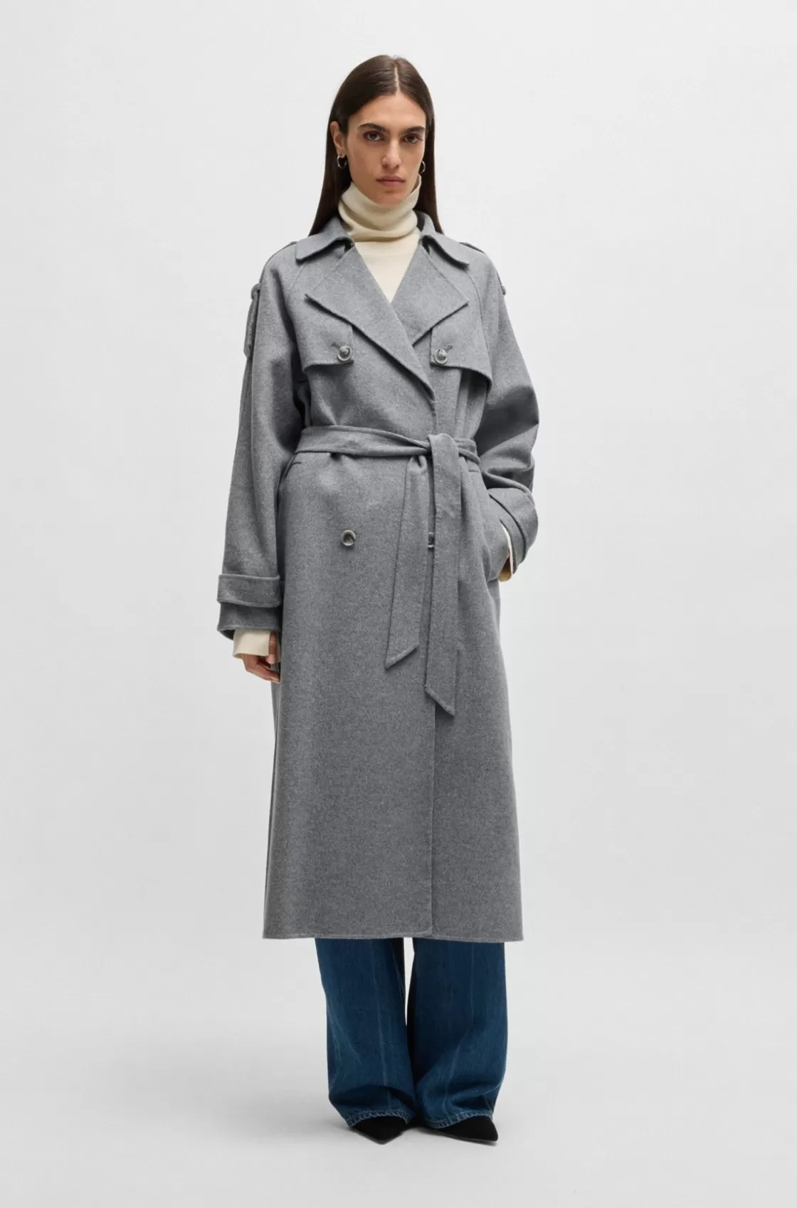 HUGO BOSS Belted Trench Coat In A Wool Blend Silver Flash Sale