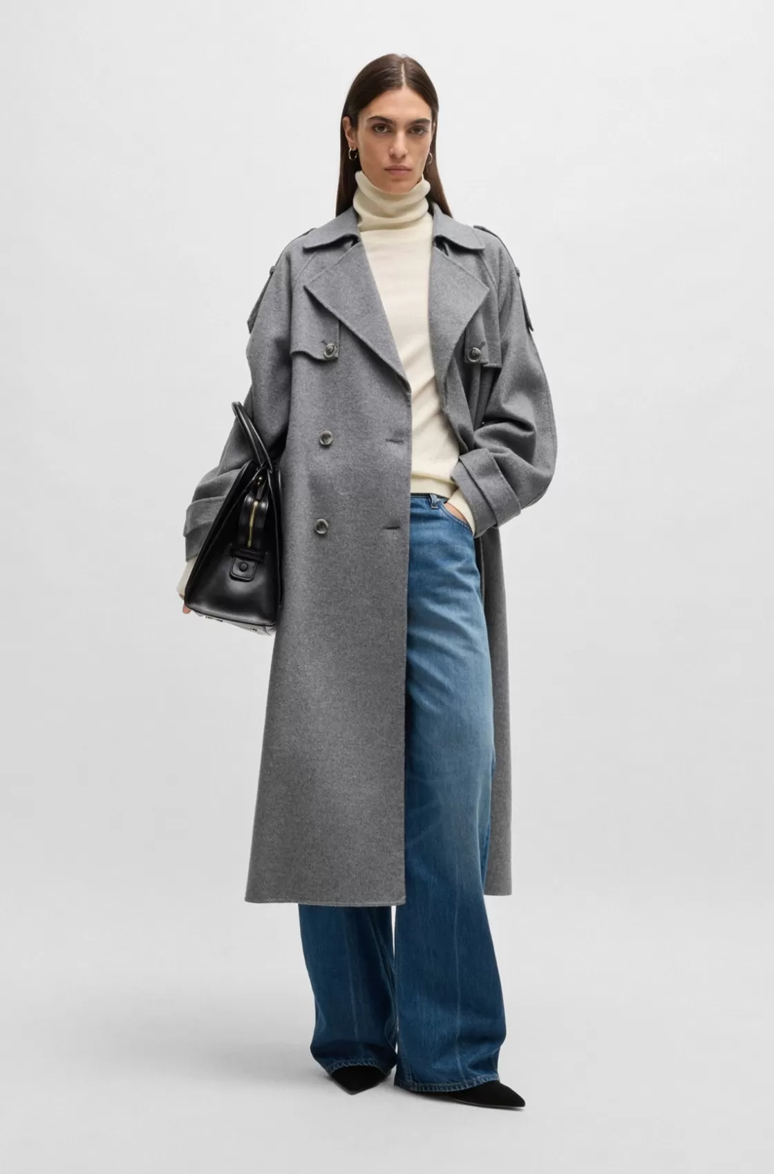 HUGO BOSS Belted Trench Coat In A Wool Blend Silver Flash Sale