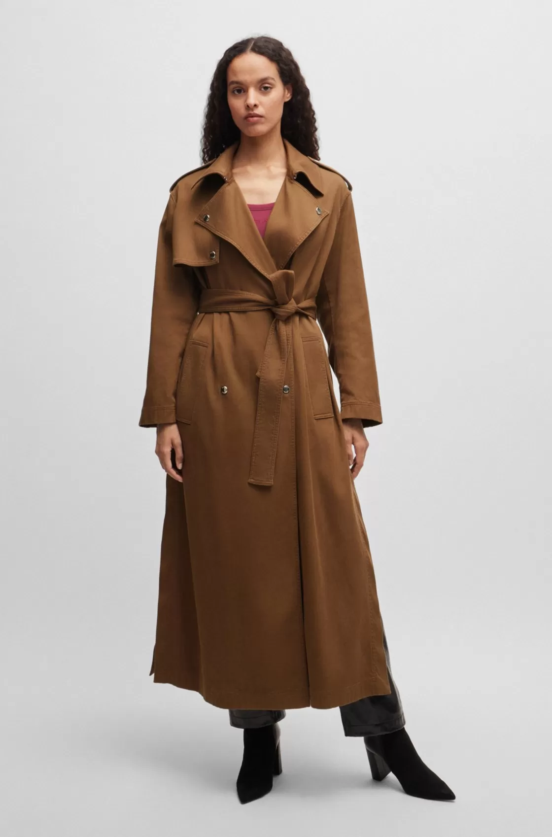 HUGO BOSS Belted Trench Coat With Hardware Trims Brown Best Sale