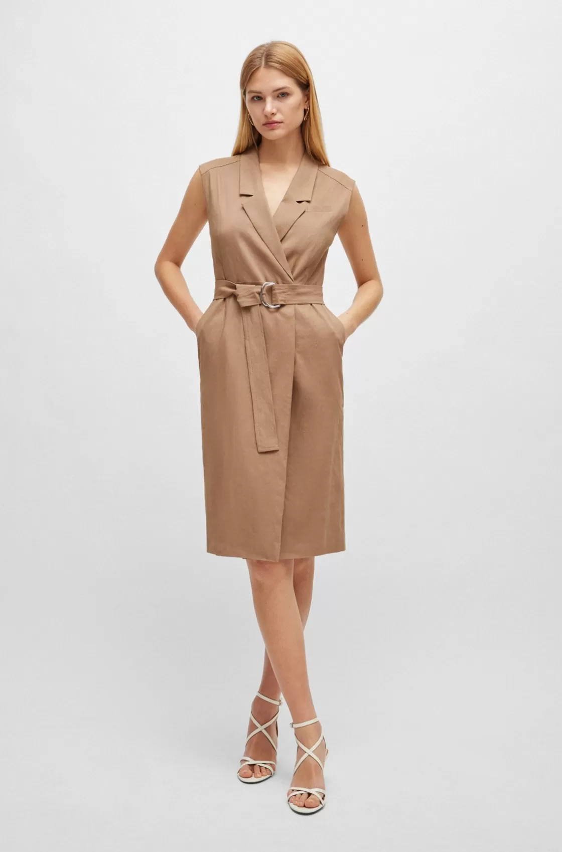 HUGO BOSS Belted Wrap Dress In A Linen Blend Beige Best