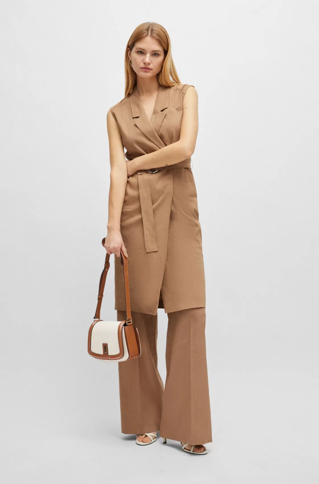 HUGO BOSS Belted Wrap Dress In A Linen Blend Beige Best