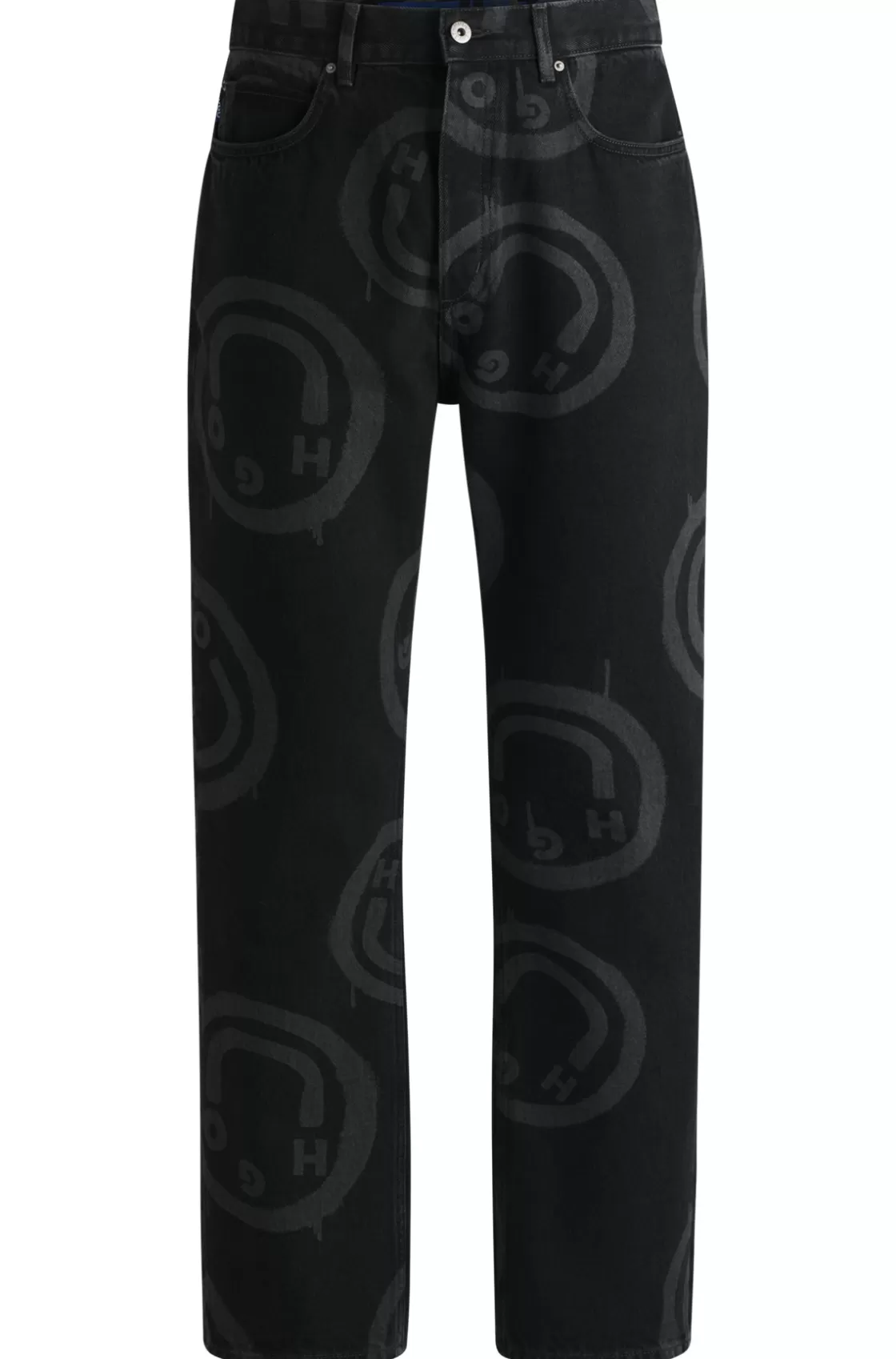 HUGO BOSS Baggy-fit Jeans With Happy HUGO Print Black Outlet