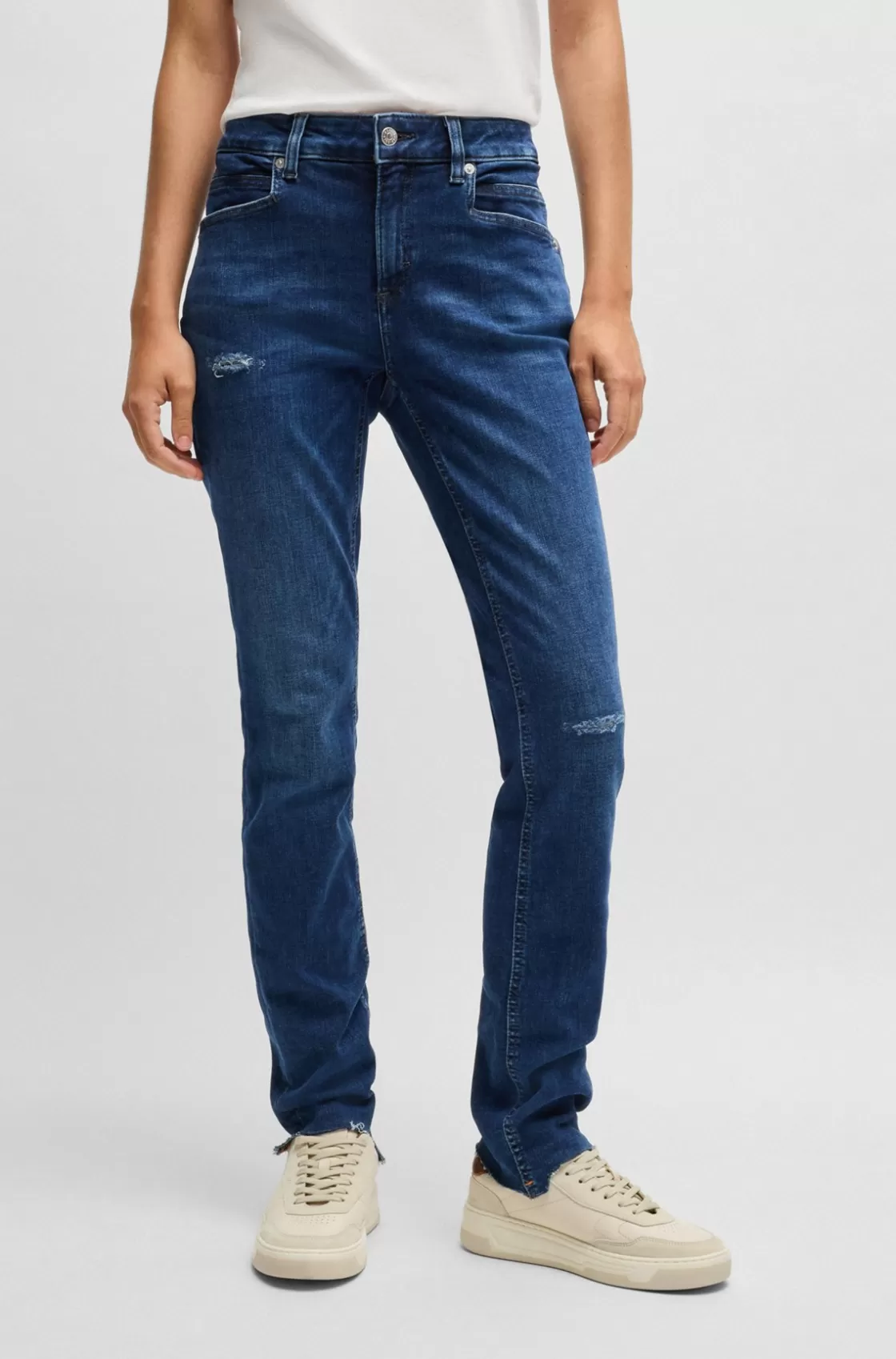 HUGO BOSS Blue Jeans In Distressed Stretch Denim With Frayed Hems Dark Blue Store