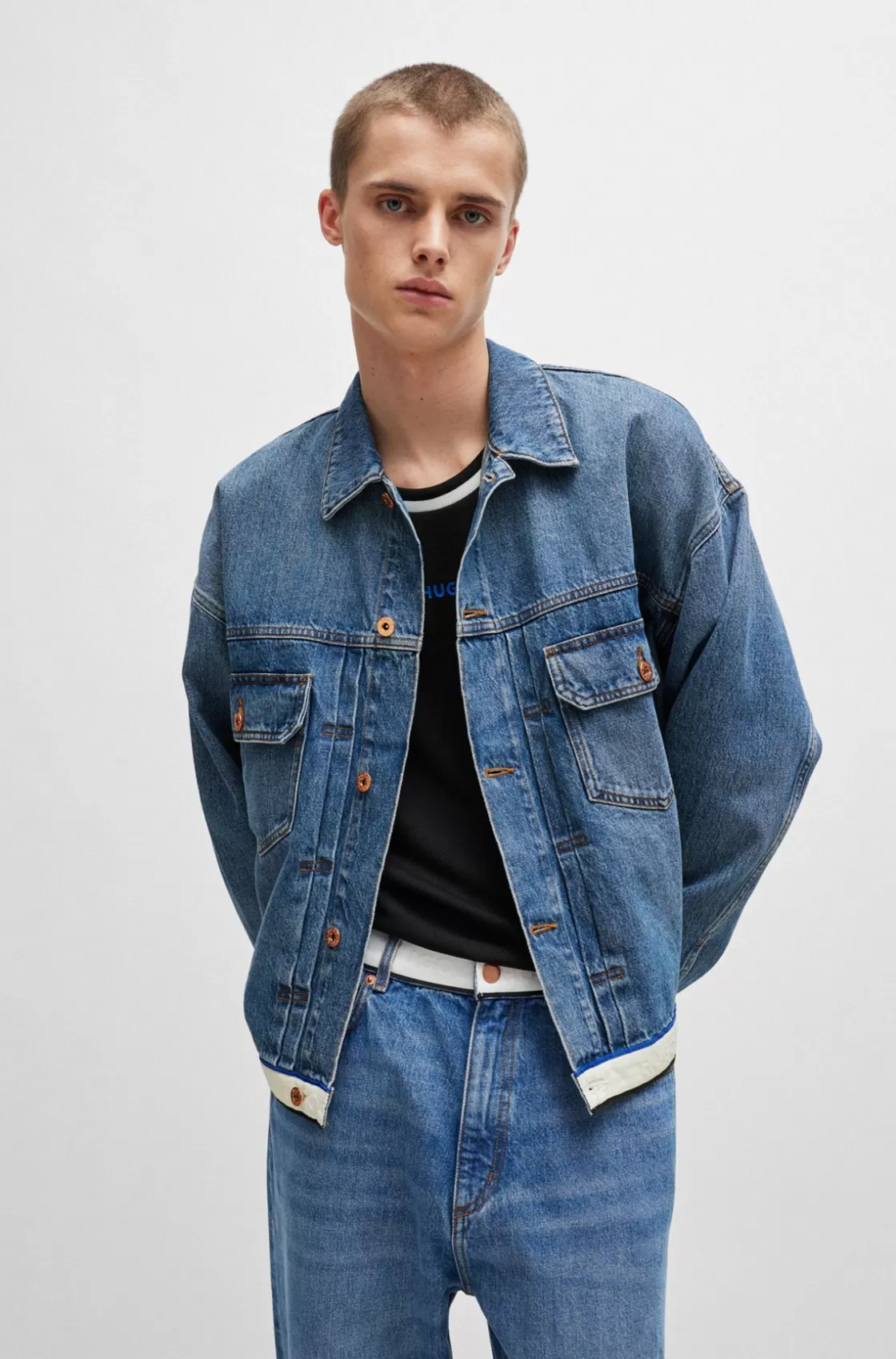 HUGO BOSS -denim Jacket With Logo-tape Hem Blue Clearance
