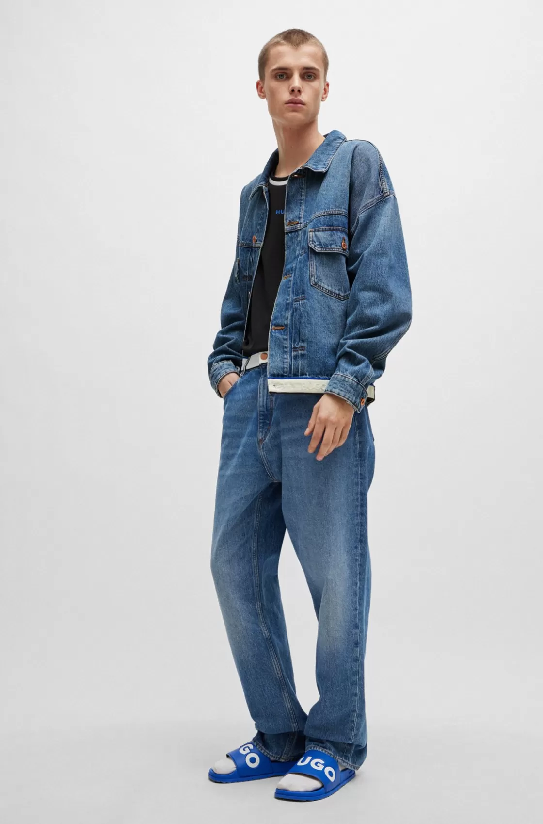 HUGO BOSS -denim Jacket With Logo-tape Hem Blue Clearance