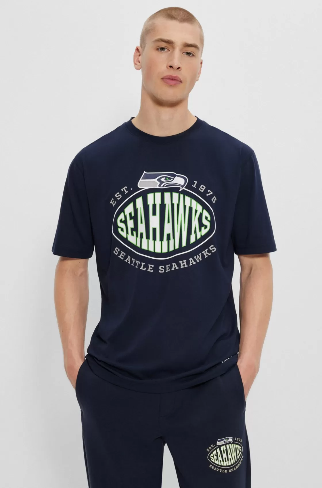 HUGO BOSS BOSS X NFL Stretch-cotton T-shirt With Collaborative Branding Seahawks Sale
