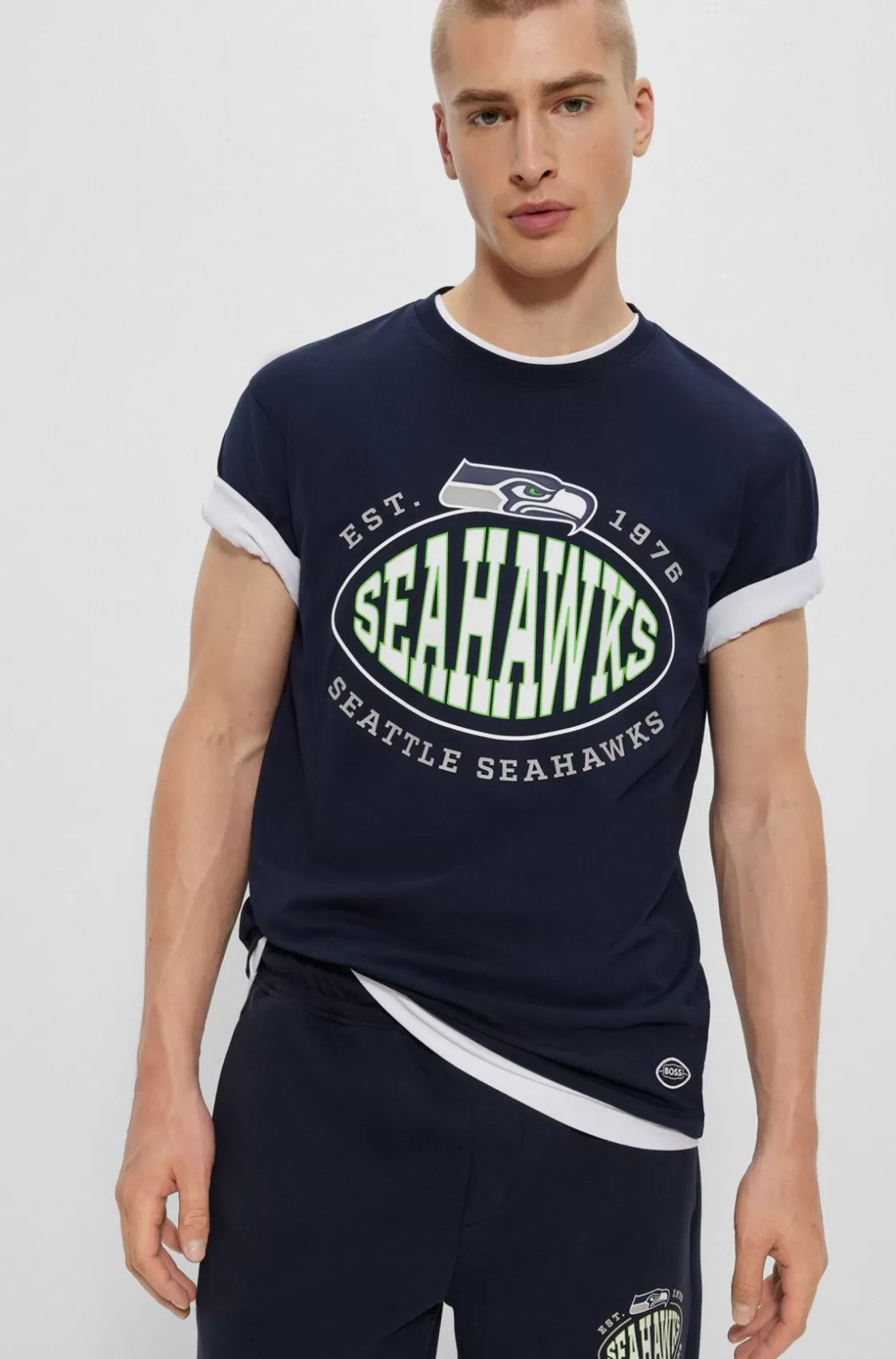 HUGO BOSS BOSS X NFL Stretch-cotton T-shirt With Collaborative Branding Seahawks Sale
