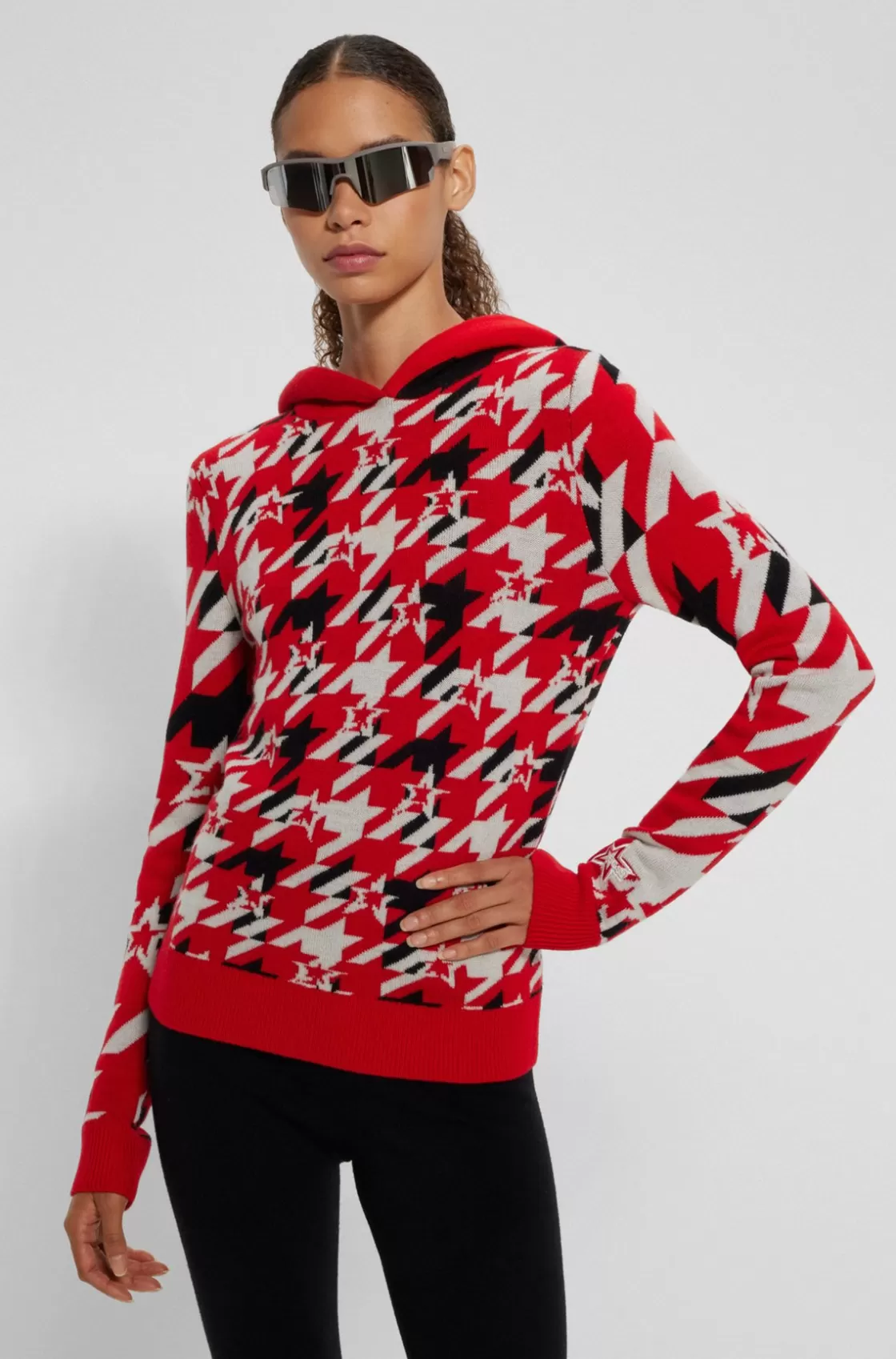 HUGO BOSS BOSS X Perfect Moment Houndstooth Hoodie In Virgin Wool Light Red New
