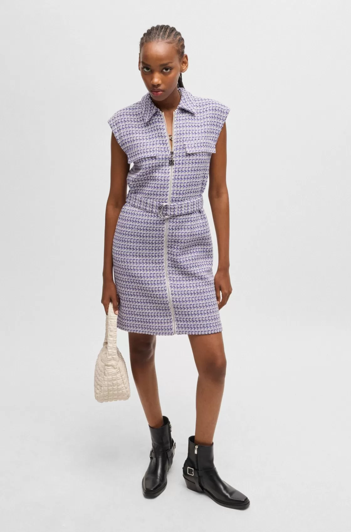 HUGO BOSS Bouclé Dress With Zip Front Patterned New
