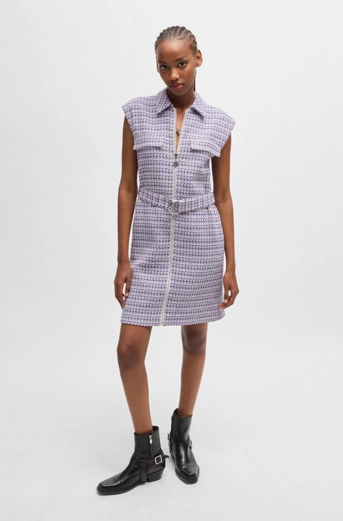 HUGO BOSS Bouclé Dress With Zip Front Patterned New