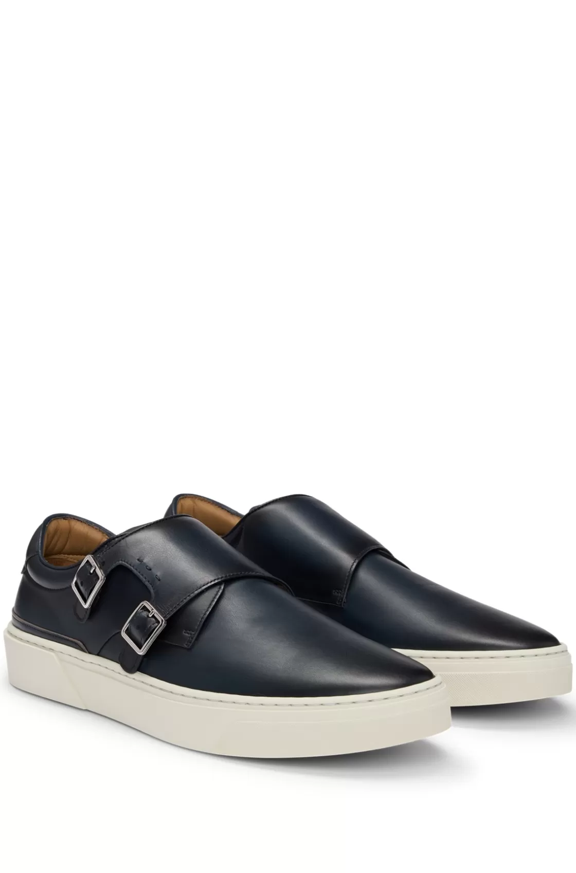 HUGO BOSS Burnished-leather Trainers With Double Monk Strap Dark Blue Clearance