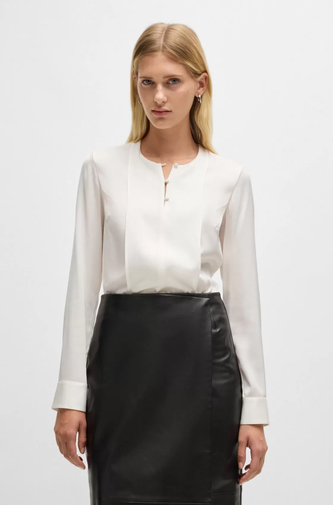 HUGO BOSS Button-neck Blouse In Stretch-silk Crepe De Chine White Fashion