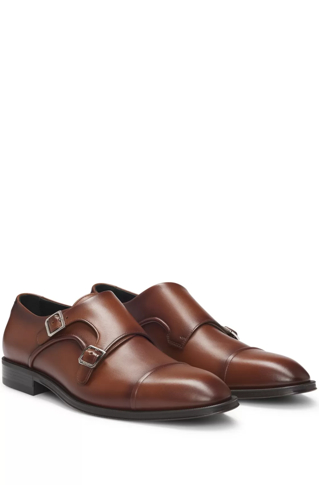 HUGO BOSS Cap-toe Double Monk Shoes In Leather Brown Hot