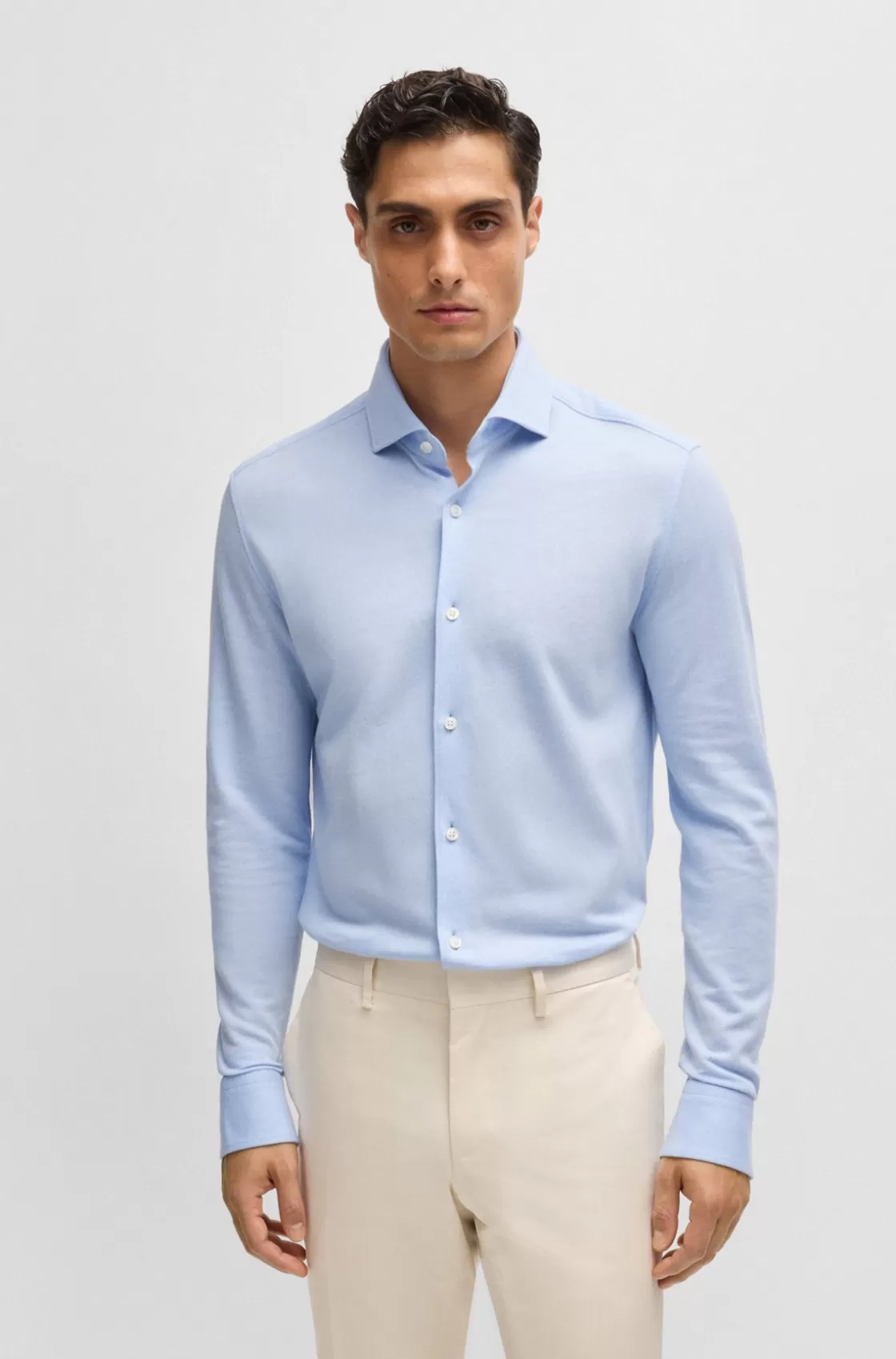 HUGO BOSS Casual-fit Shirt In Jacquard-patterned Cotton Jersey Light Blue Outlet