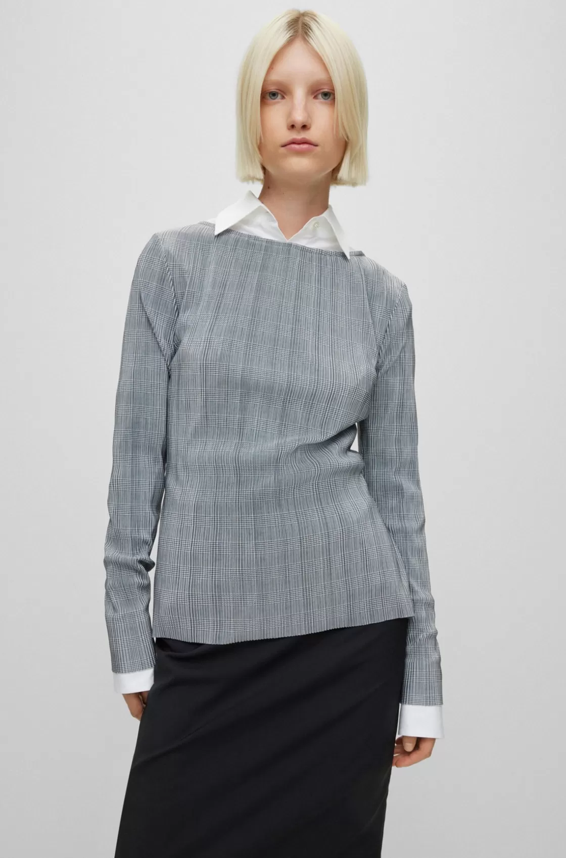 HUGO BOSS Checked, Pleated Slim-fit Top Patterned Discount
