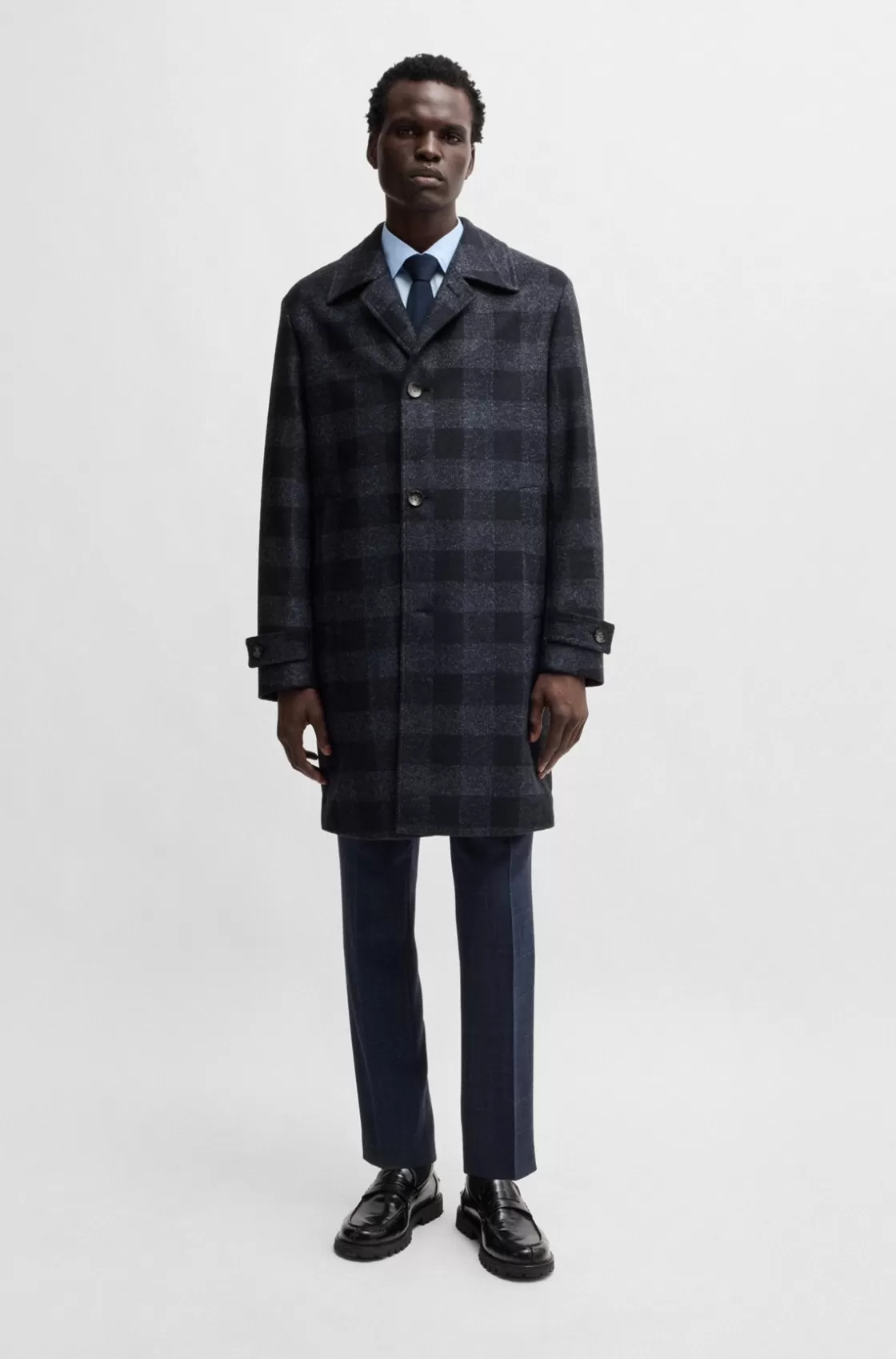 HUGO BOSS Checked-jersey Coat In A Classic Fit Dark Blue Clearance