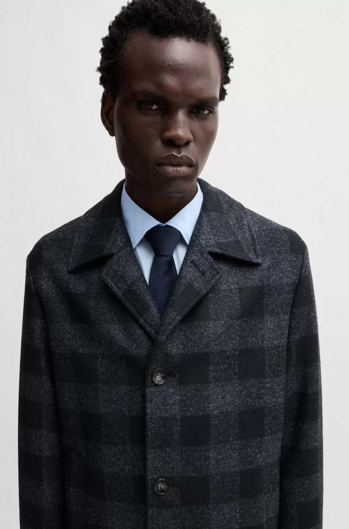 HUGO BOSS Checked-jersey Coat In A Classic Fit Dark Blue Clearance