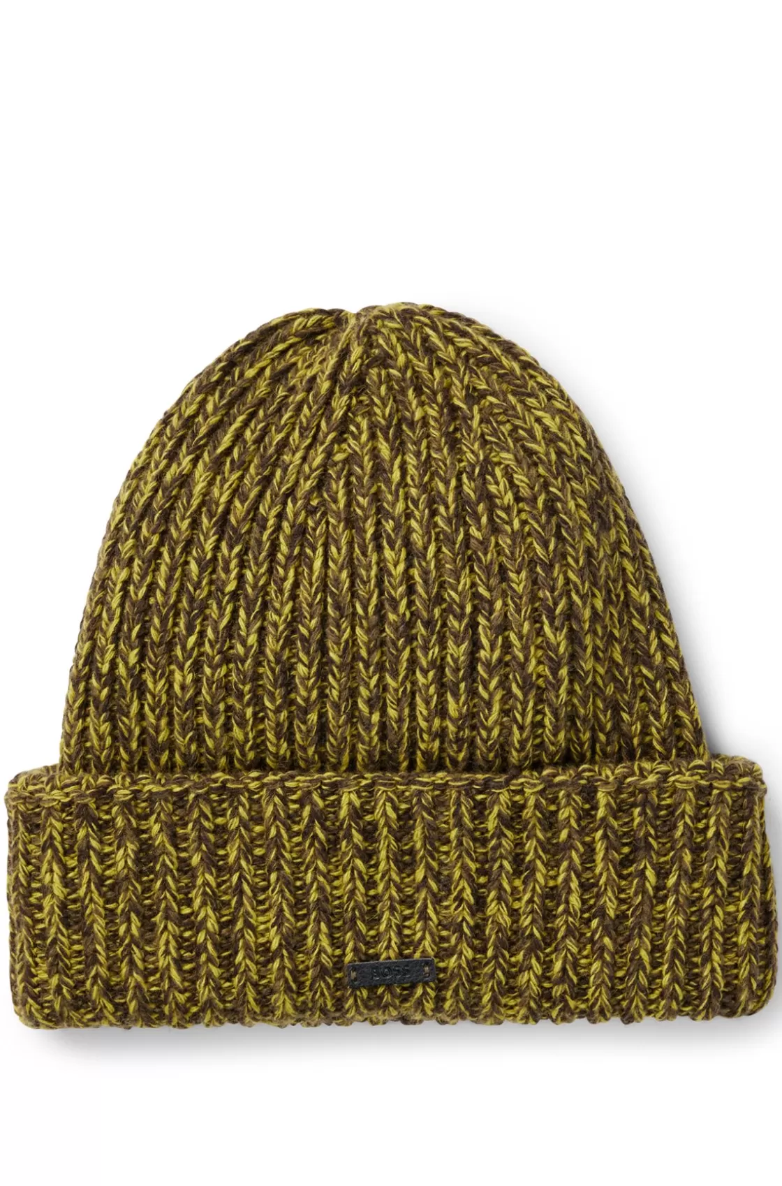HUGO BOSS Chunky-knit Beanie Hat With Faux-leather Logo Plaque Light Green New