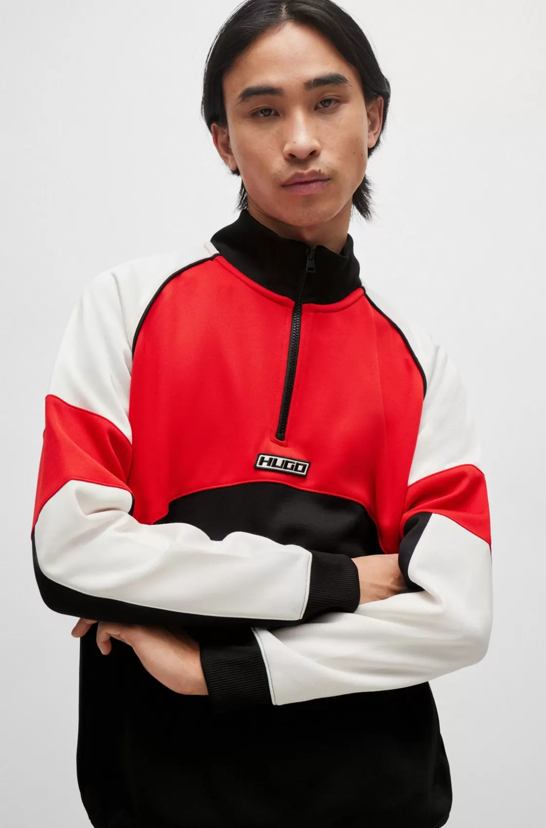 HUGO BOSS Color-blocked Sweatshirt With Racing-inspired Logo Badge Black Fashion