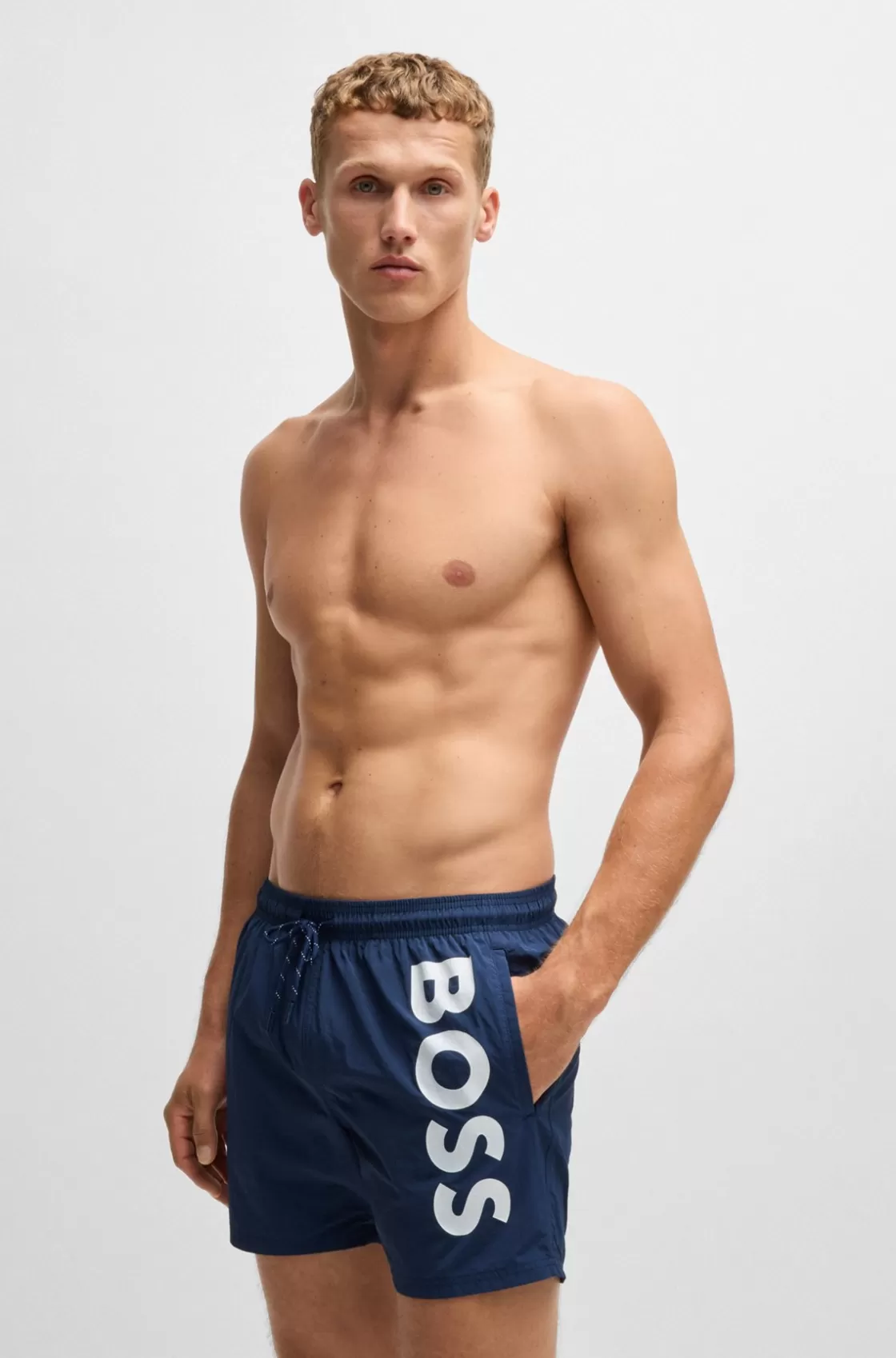 HUGO BOSS Contrast-logo Swim Shorts In Quick-drying Fabric Dark Blue Online