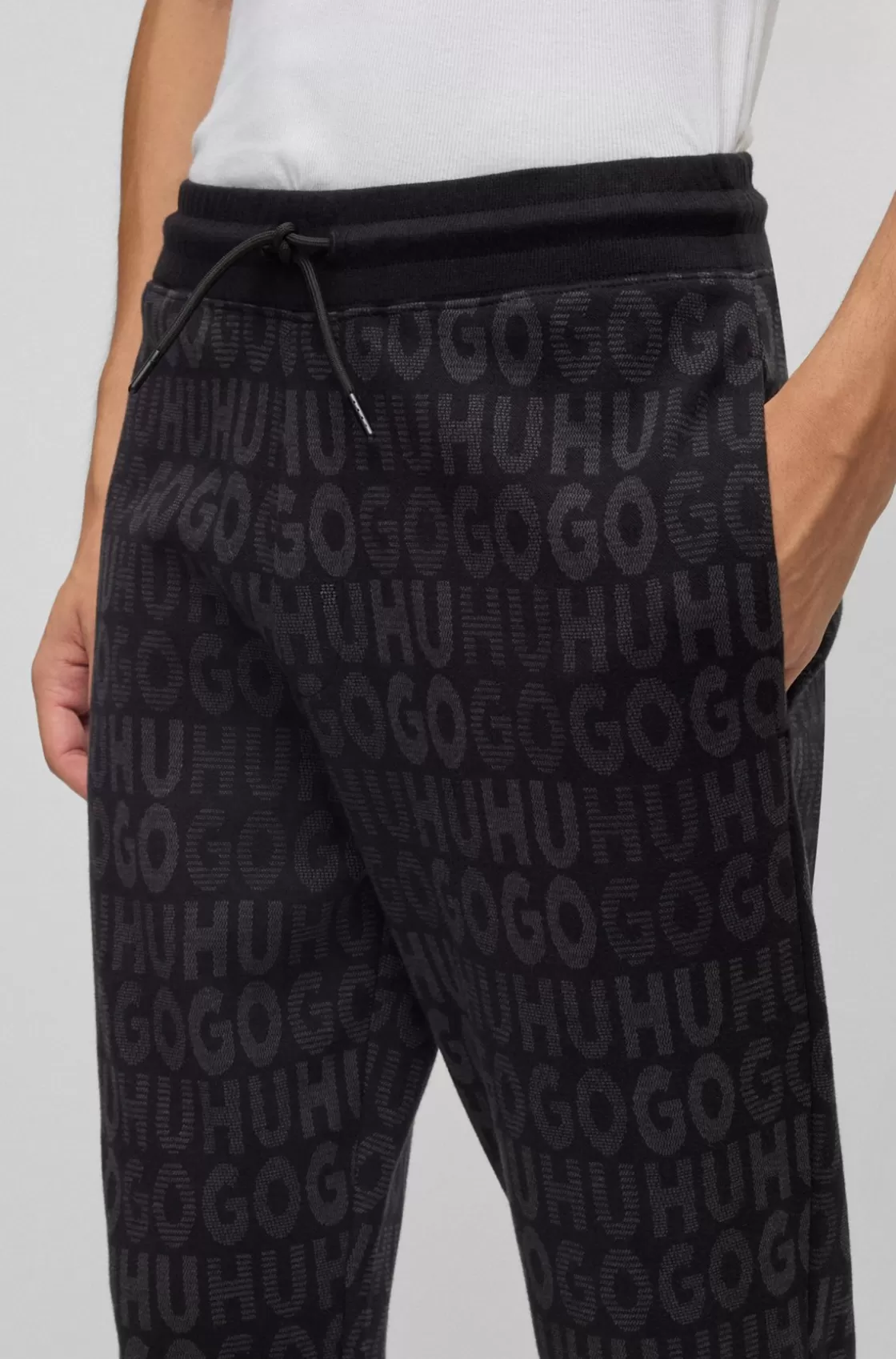 HUGO BOSS Cotton Tracksuit Bottoms With Drawstring Waist And Monogram Jacquard Dark Grey Fashion