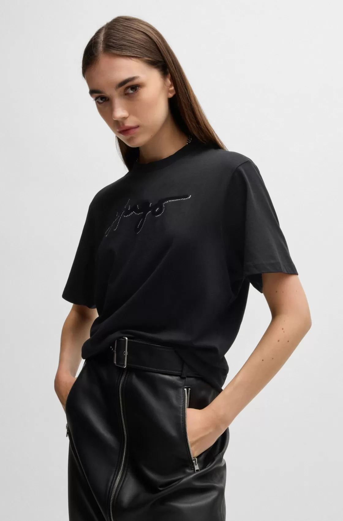 HUGO BOSS Cotton T-shirt With Flock Print And Rhinestones Black Outlet