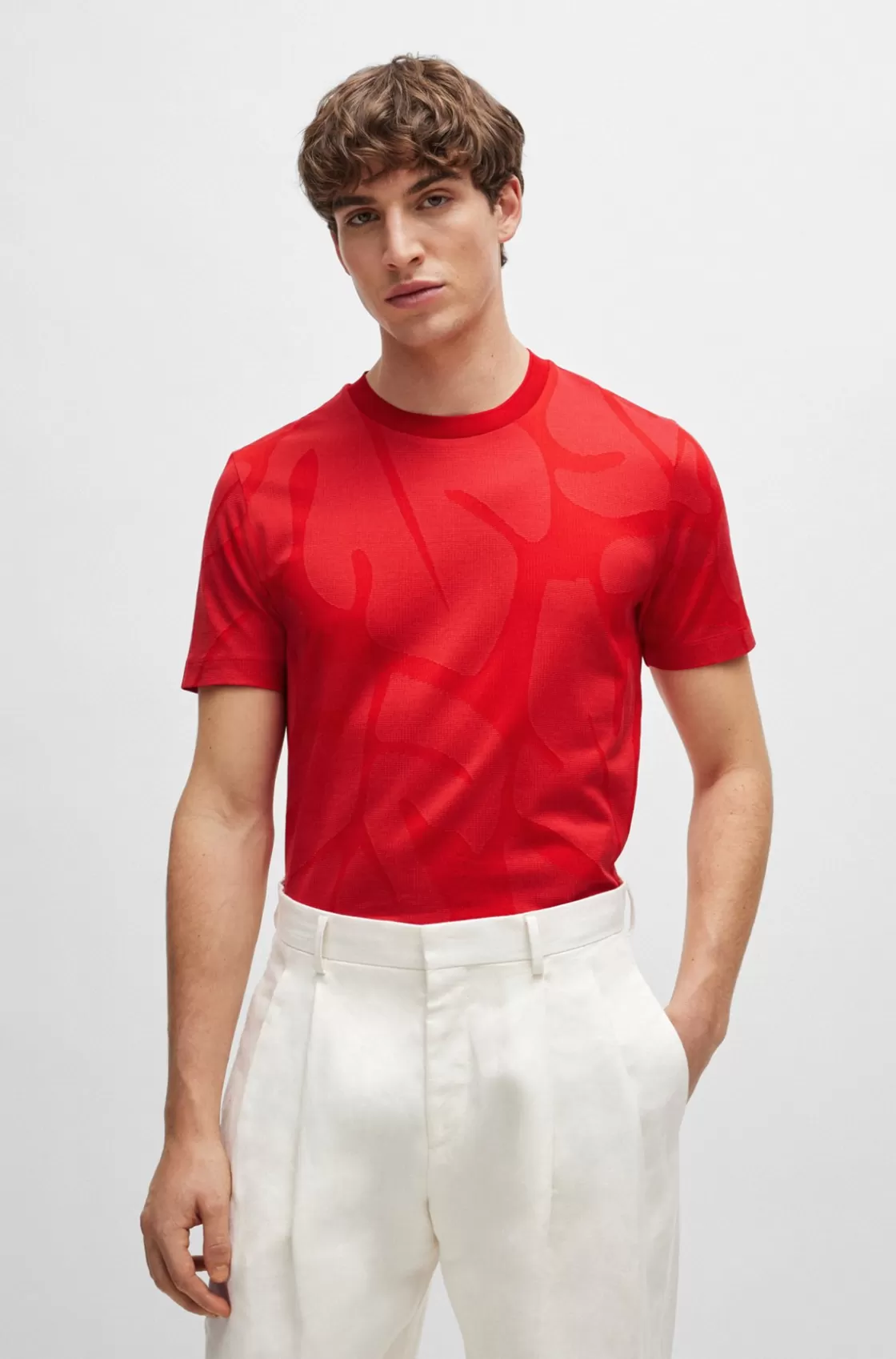 HUGO BOSS Cotton T-shirt With Two-tone Monstera-leaf Pattern Red Cheap