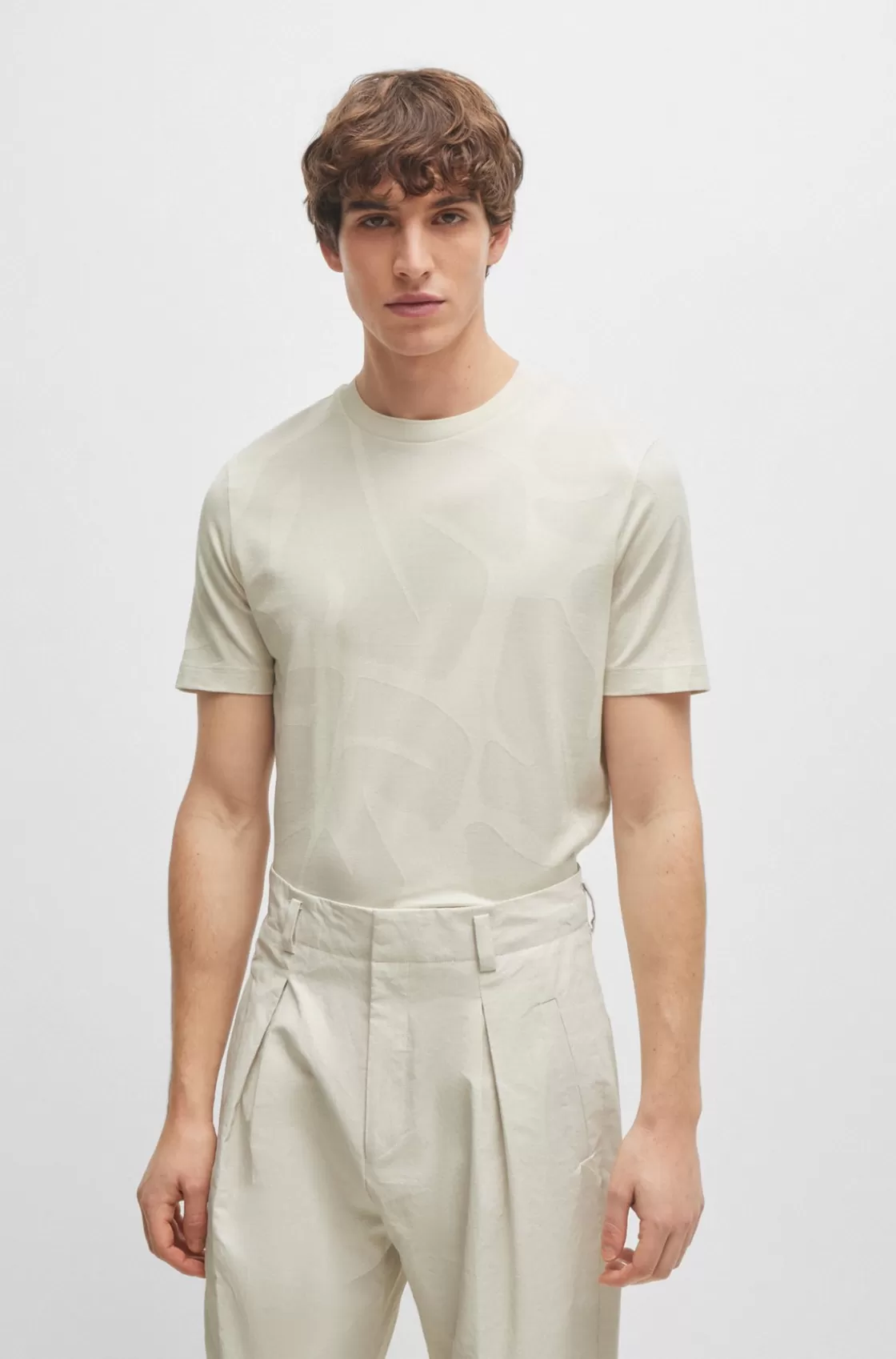 HUGO BOSS Cotton T-shirt With Two-tone Monstera-leaf Pattern White Online