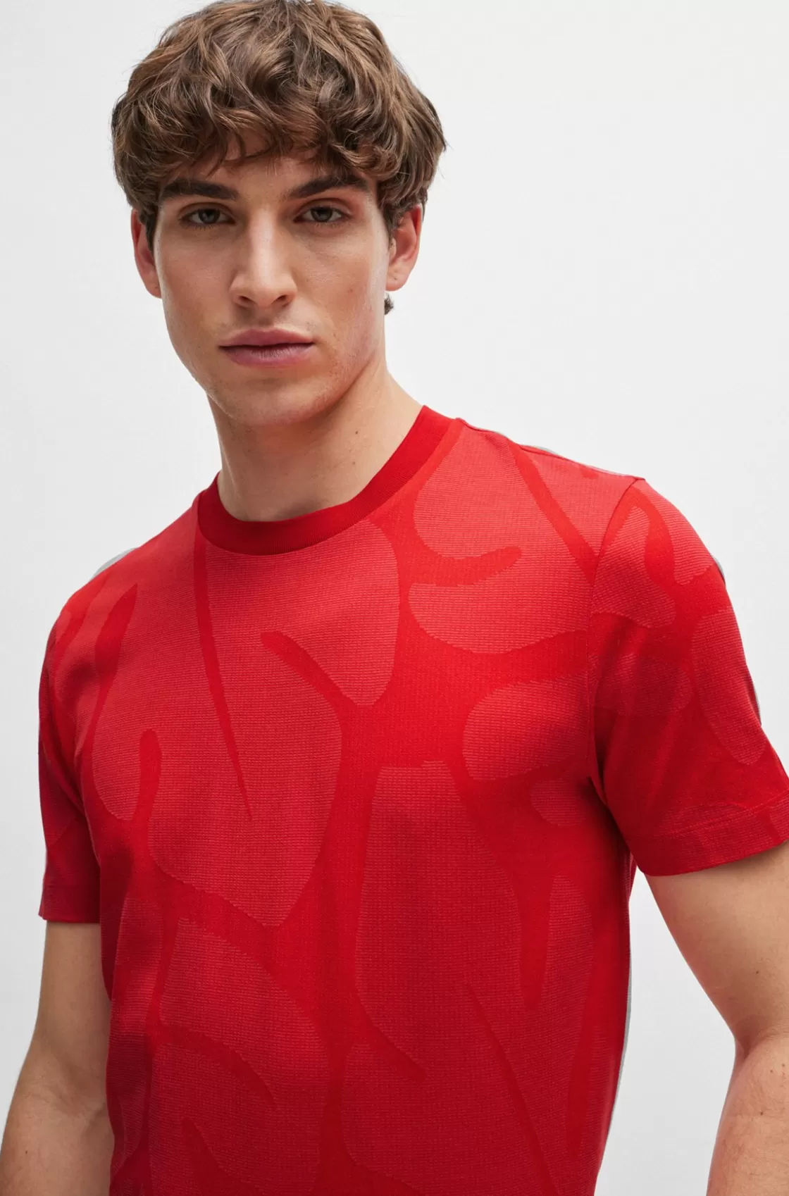 HUGO BOSS Cotton T-shirt With Two-tone Monstera-leaf Pattern Red Cheap