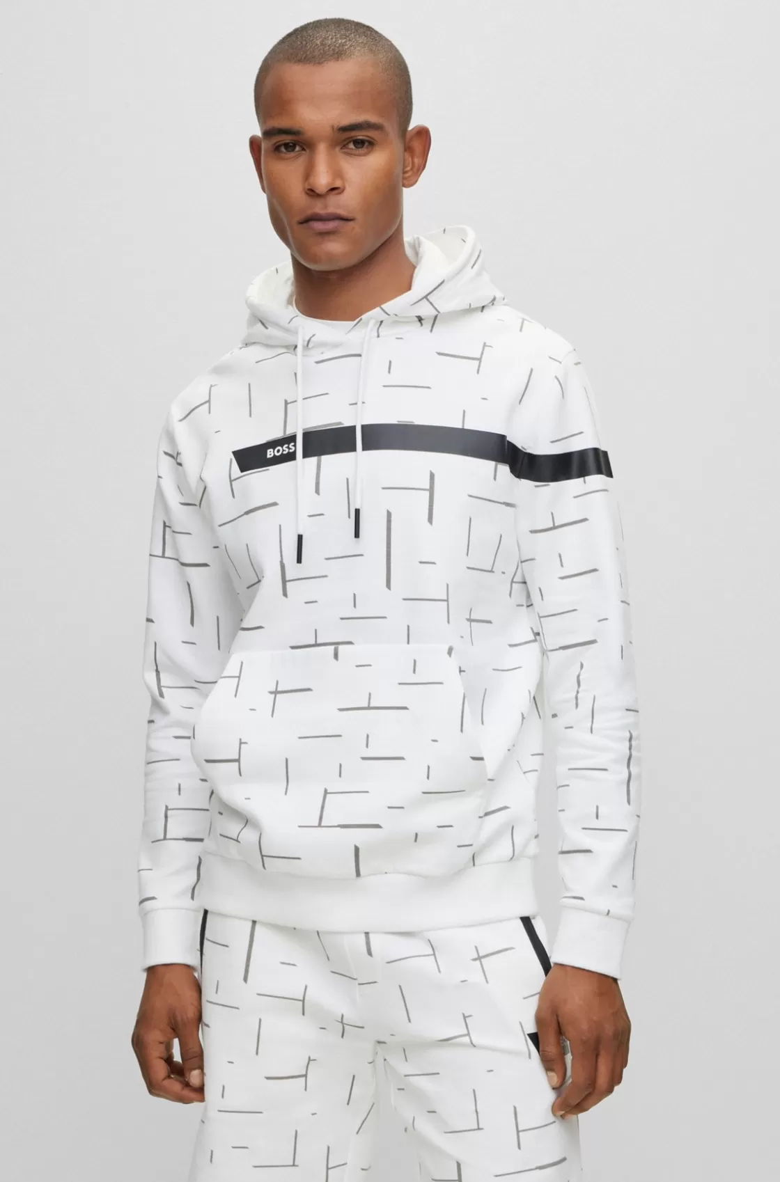 HUGO BOSS Cotton-blend Hoodie With Graphic Logo Stripe White Fashion