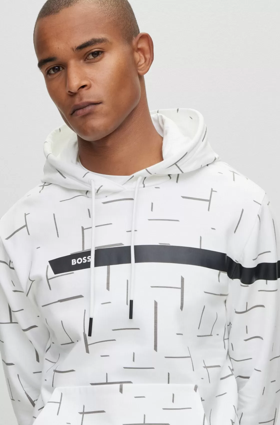 HUGO BOSS Cotton-blend Hoodie With Graphic Logo Stripe White Fashion