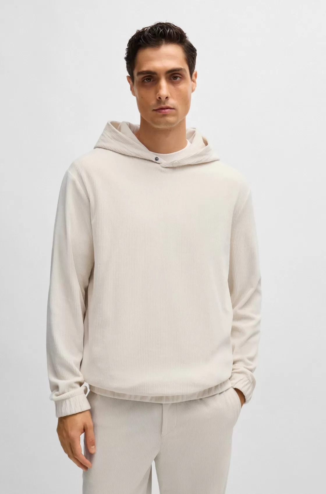 HUGO BOSS Cotton-corduroy Hoodie With Press-stud Hood White Hot
