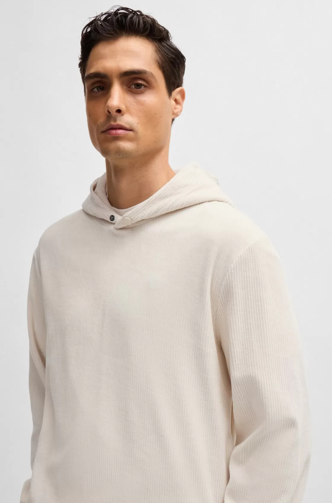 HUGO BOSS Cotton-corduroy Hoodie With Press-stud Hood White Hot
